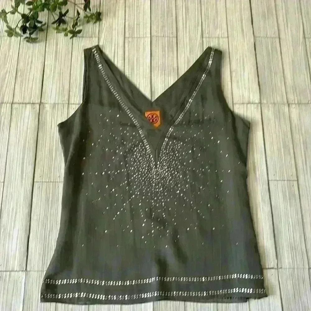 Tory Burch Crystal embellished v neck 100% silk fully lined tank top M